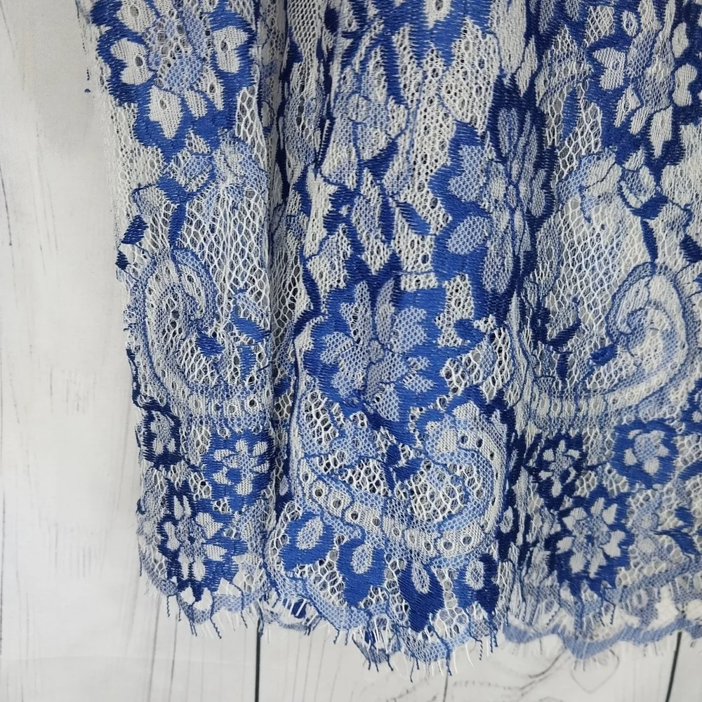 Fashion Nova Sheer Cold Shoulder Blue And White Floral Lace Romantic Top - Picture 7 of 10